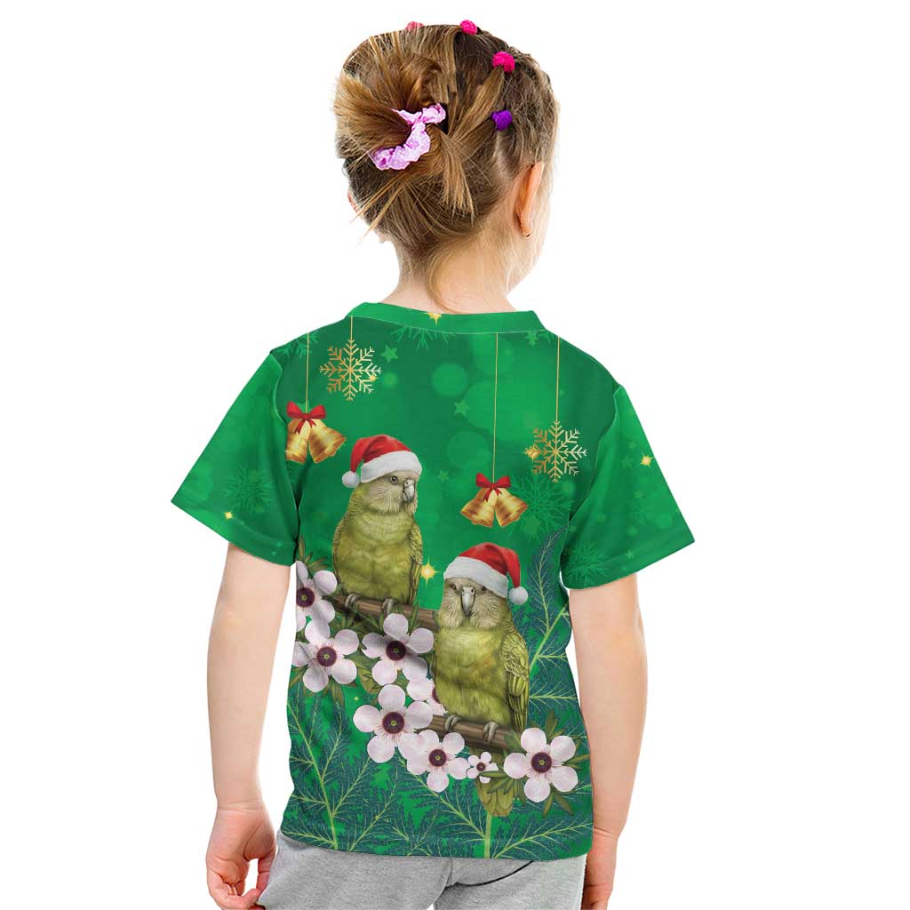 New Zealand Kakapo Christmas Kid T Shirt Owl Parrot Santa Sliver Fern Manuka - Green - Polynesian Pride