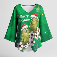 New Zealand Kakapo Christmas Kimono Sleeve Blouse Owl Parrot Santa Sliver Fern Manuka - Green - Polynesian Pride
