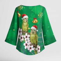 New Zealand Kakapo Christmas Kimono Sleeve Blouse Owl Parrot Santa Sliver Fern Manuka - Green - Polynesian Pride