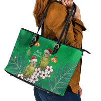 New Zealand Kakapo Christmas Leather Tote Bag Owl Parrot Santa Sliver Fern Manuka - Green - Polynesian Pride