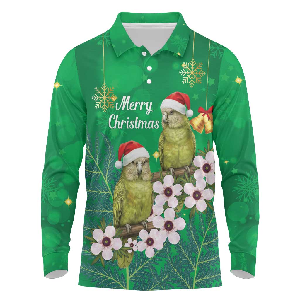 New Zealand Kakapo Christmas Long Sleeve Polo Shirt Owl Parrot Santa Sliver Fern Manuka - Green - Polynesian Pride