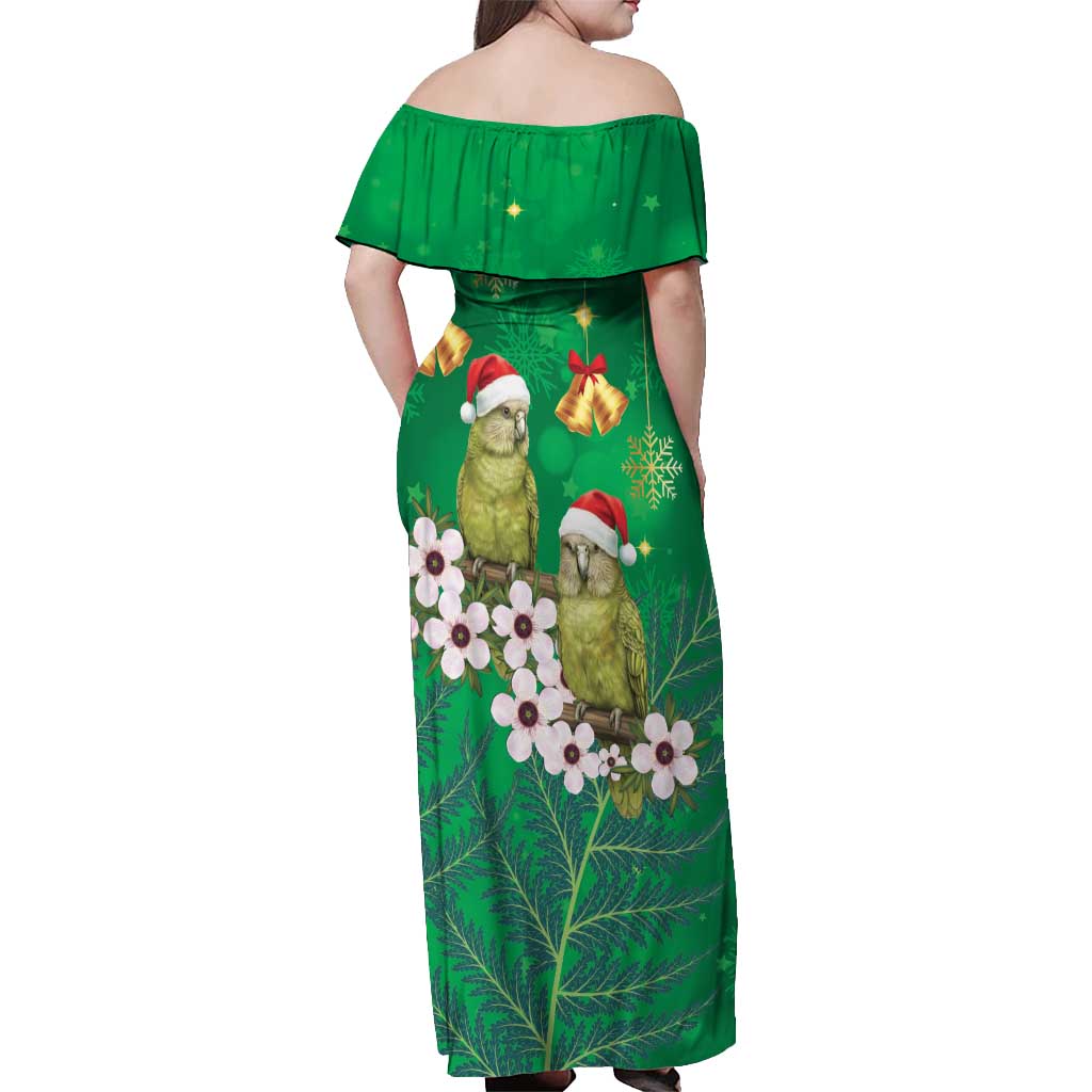 New Zealand Kakapo Christmas Off Shoulder Maxi Dress Owl Parrot Santa Sliver Fern Manuka - Green - Polynesian Pride