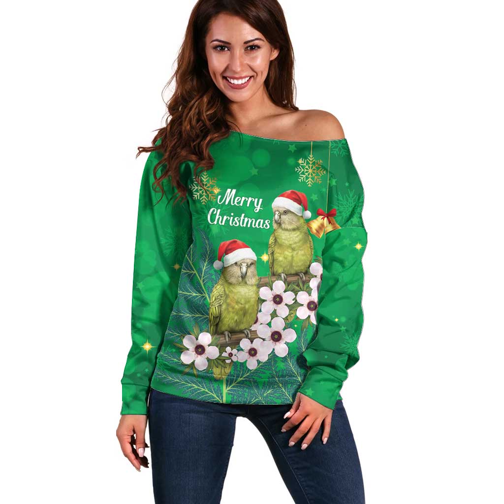 New Zealand Kakapo Christmas Off Shoulder Sweater Owl Parrot Santa Sliver Fern Manuka - Green LT14 Women Green - Polynesian Pride