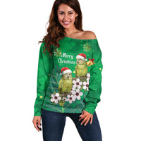 New Zealand Kakapo Christmas Off Shoulder Sweater Owl Parrot Santa Sliver Fern Manuka - Green LT14 Women Green - Polynesian Pride