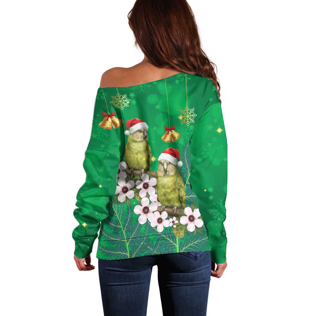 New Zealand Kakapo Christmas Off Shoulder Sweater Owl Parrot Santa Sliver Fern Manuka - Green LT14 - Polynesian Pride