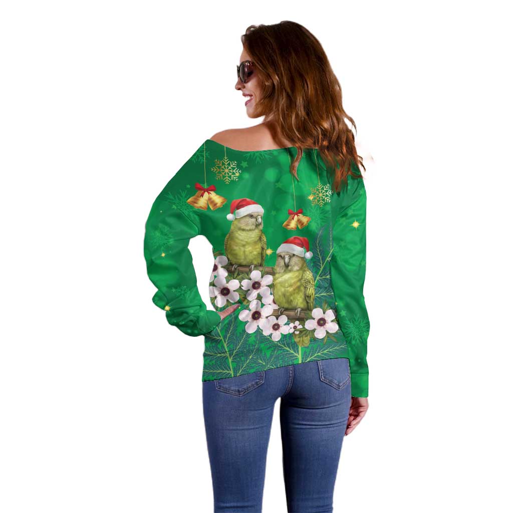 New Zealand Kakapo Christmas Off Shoulder Sweater Owl Parrot Santa Sliver Fern Manuka - Green LT14 - Polynesian Pride