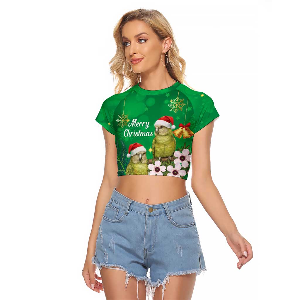 New Zealand Kakapo Christmas Raglan Cropped T Shirt Owl Parrot Santa Sliver Fern Manuka - Green - Polynesian Pride
