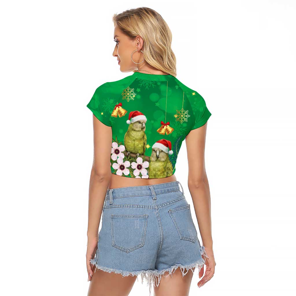 New Zealand Kakapo Christmas Raglan Cropped T Shirt Owl Parrot Santa Sliver Fern Manuka - Green - Polynesian Pride