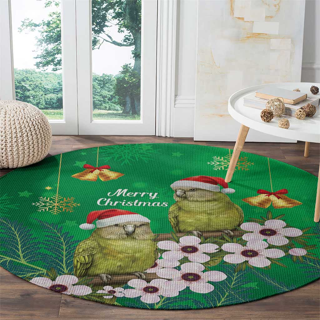 New Zealand Kakapo Christmas Round Carpet Owl Parrot Santa Sliver Fern Manuka - Green - Polynesian Pride
