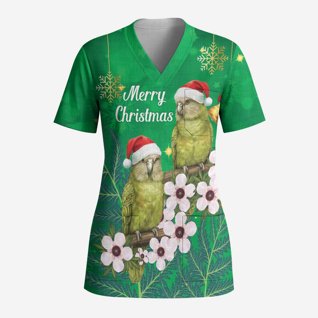New Zealand Kakapo Christmas Scrub Top Owl Parrot Santa Sliver Fern Manuka - Green - Polynesian Pride