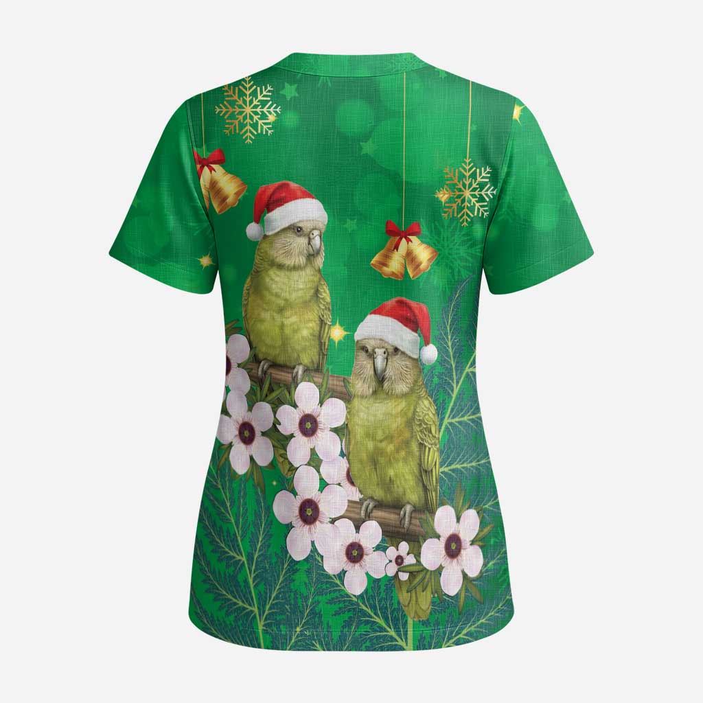 New Zealand Kakapo Christmas Scrub Top Owl Parrot Santa Sliver Fern Manuka - Green - Polynesian Pride