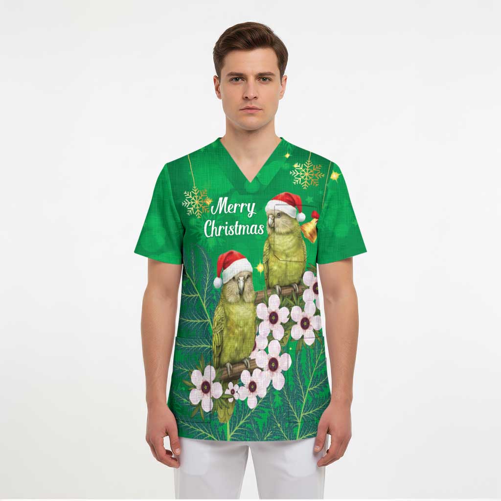 New Zealand Kakapo Christmas Scrub Top Owl Parrot Santa Sliver Fern Manuka - Green - Polynesian Pride