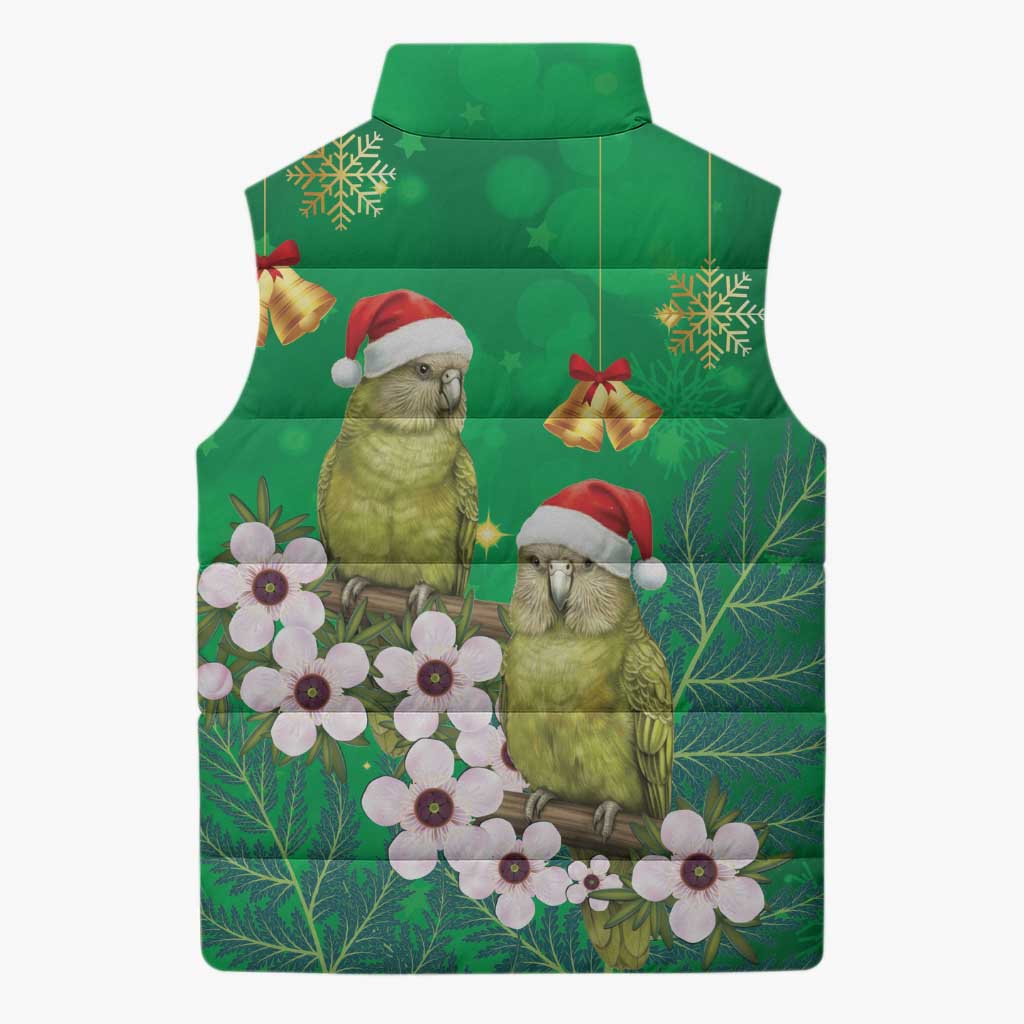 New Zealand Kakapo Christmas Sleeveless Puffer Jacket Owl Parrot Santa Sliver Fern Manuka - Green - Polynesian Pride