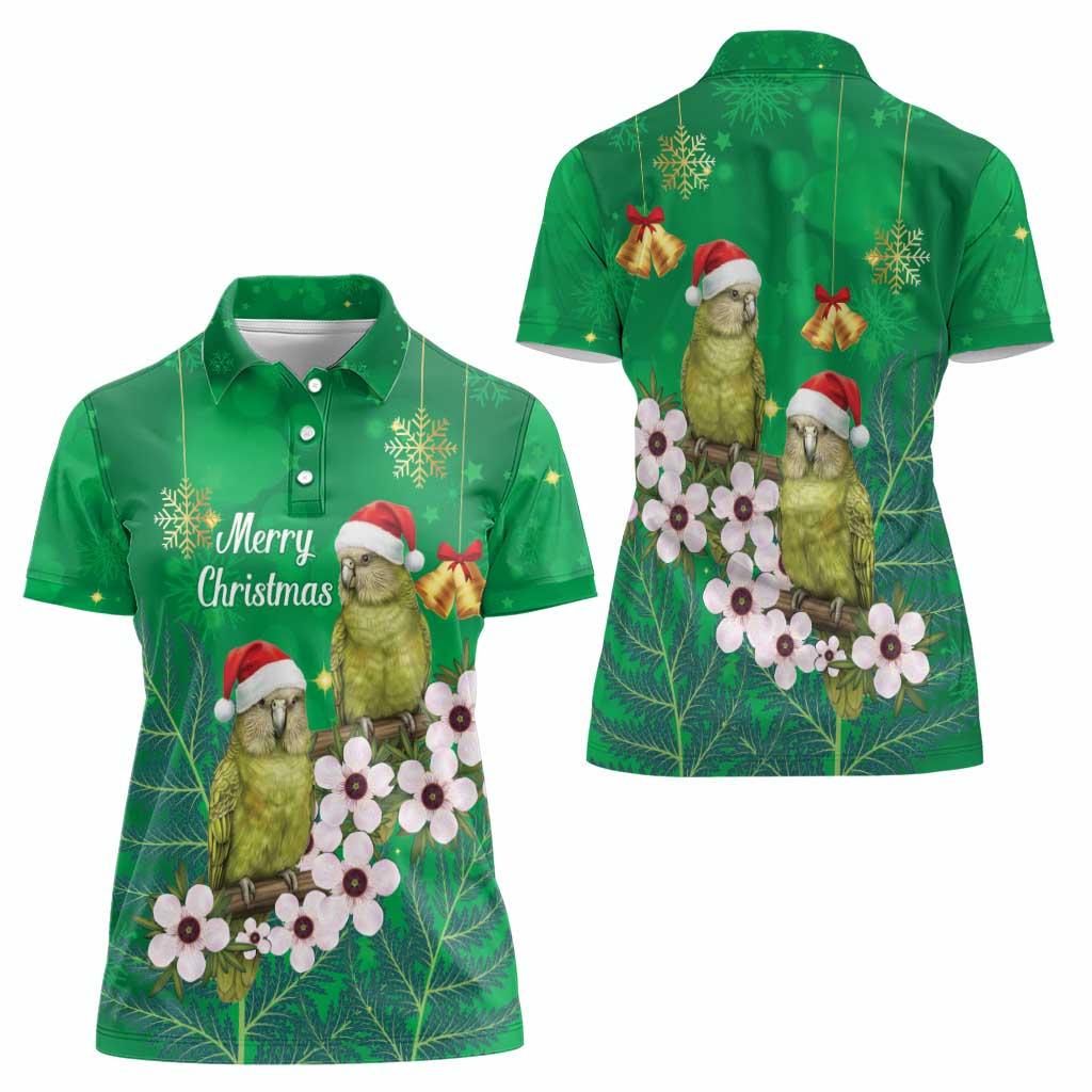 New Zealand Kakapo Christmas Women Polo Shirt Owl Parrot Santa Sliver Fern Manuka - Green - Polynesian Pride