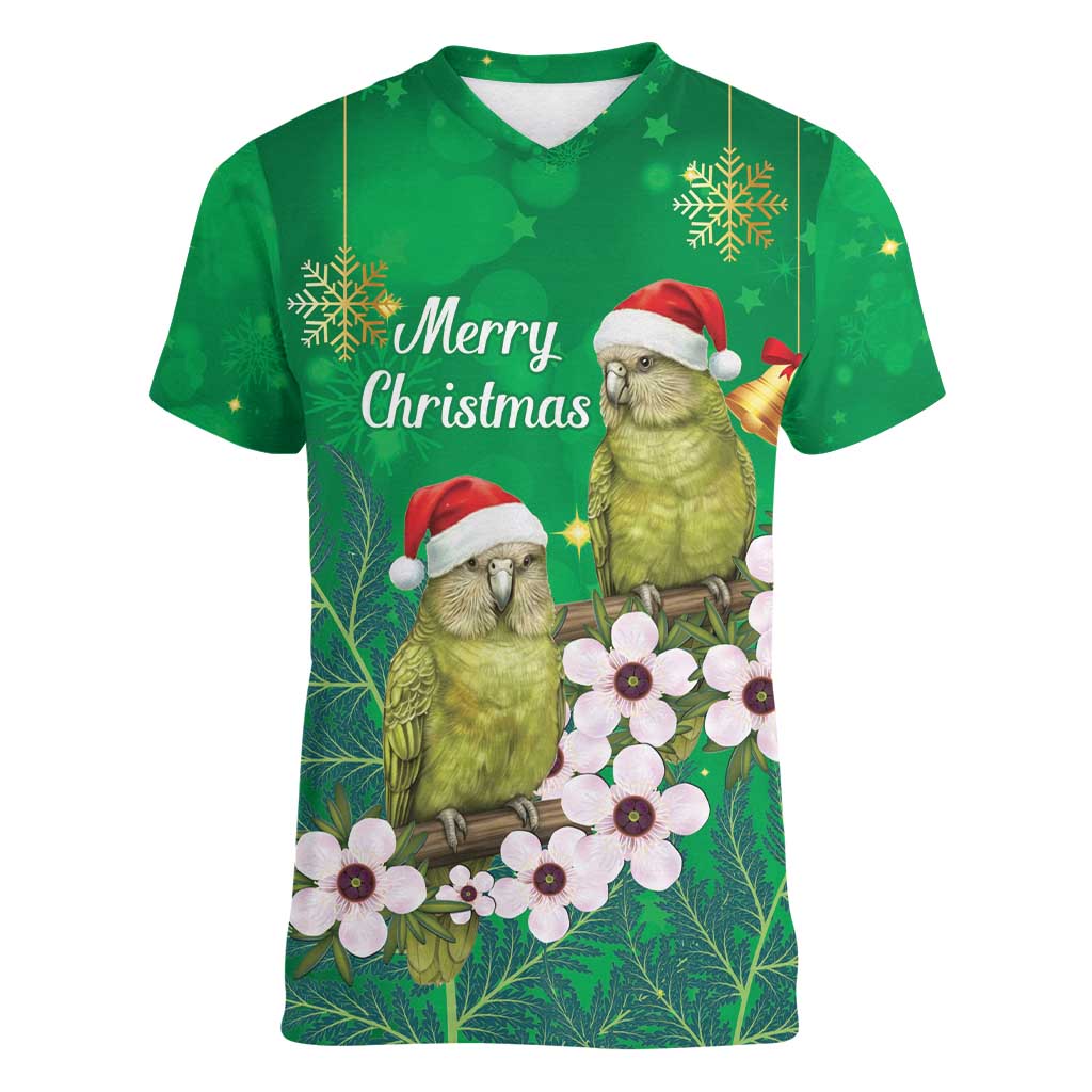 New Zealand Kakapo Christmas Women V-Neck T-Shirt Owl Parrot Santa Sliver Fern Manuka - Green - Polynesian Pride