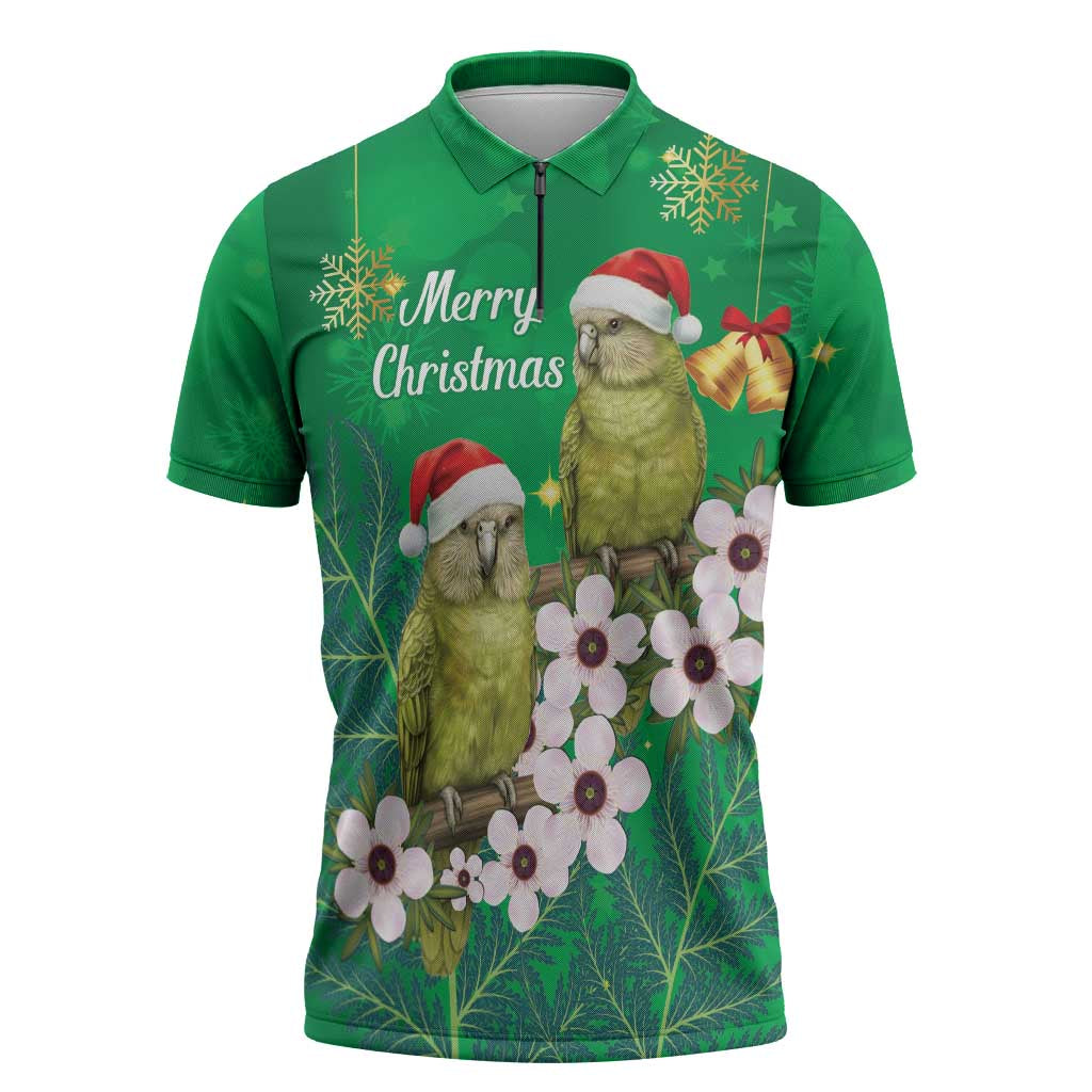 New Zealand Kakapo Christmas Zipper Polo Shirt Owl Parrot Santa Sliver Fern Manuka - Green - Polynesian Pride