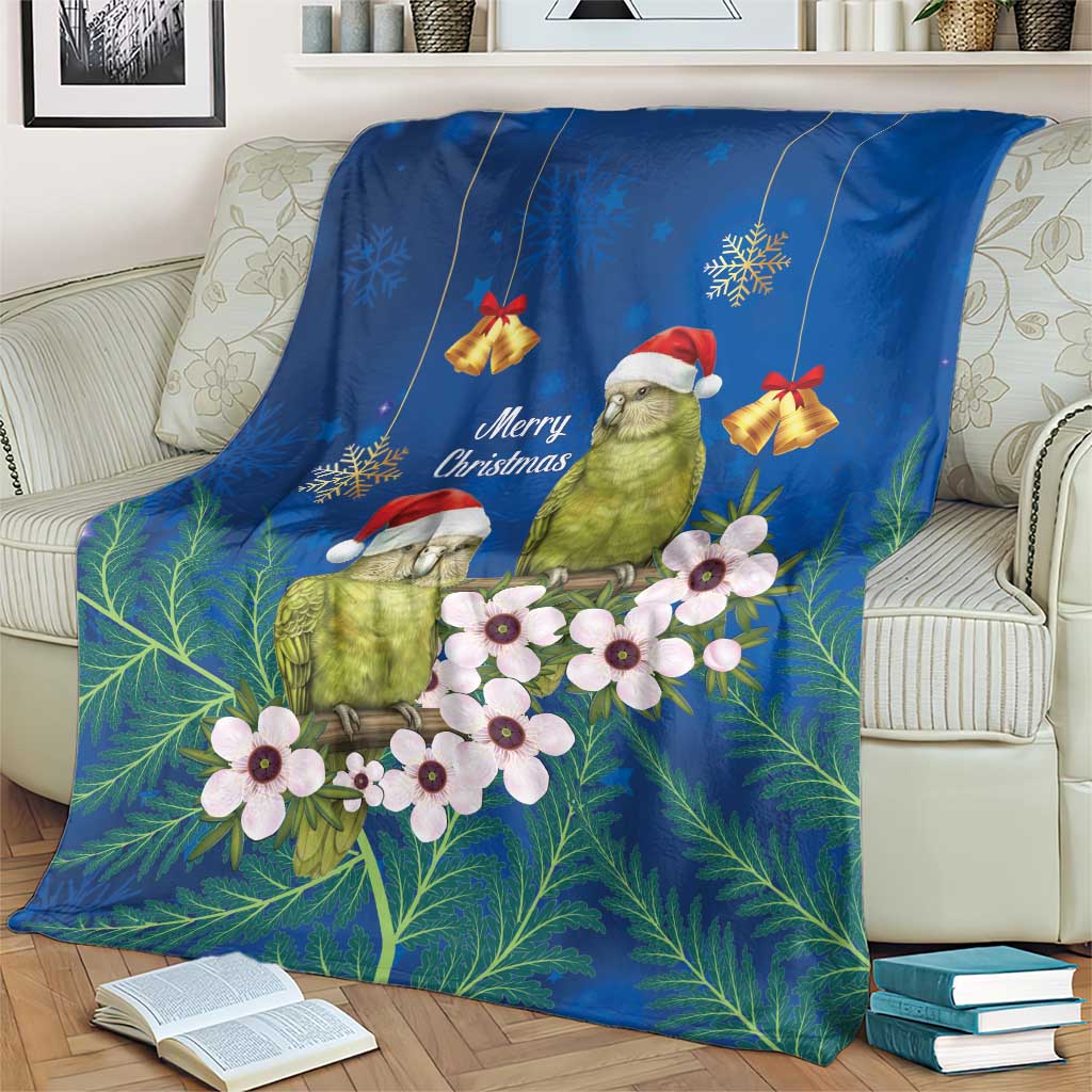 New Zealand Kakapo Christmas Blanket Owl Parrot Santa Sliver Fern Manuka - Blue - Polynesian Pride