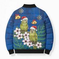 New Zealand Kakapo Christmas Bomber Puffer Jacket Owl Parrot Santa Sliver Fern Manuka - Blue - Polynesian Pride