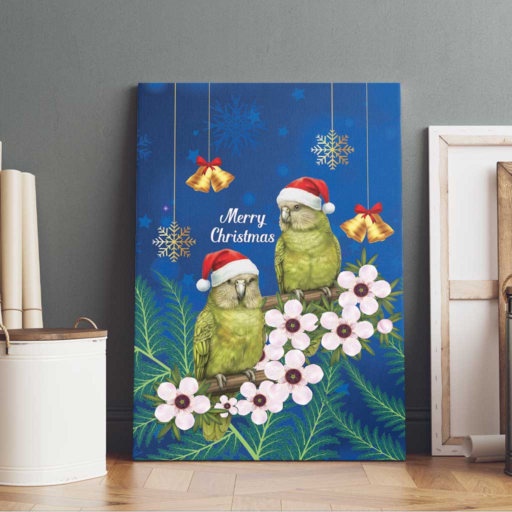 New Zealand Kakapo Christmas Canvas Wall Art Owl Parrot Santa Sliver Fern Manuka - Blue - Polynesian Pride