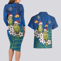 New Zealand Kakapo Christmas Couples Matching Long Sleeve Bodycon Dress and Hawaiian Shirt Owl Parrot Santa Sliver Fern Manuka - Blue - Polynesian Pride
