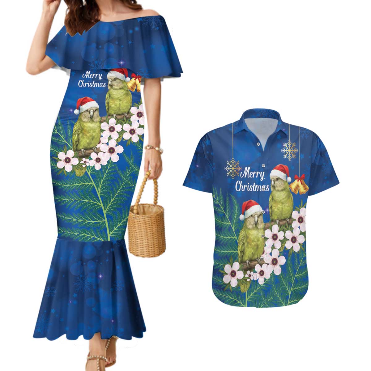 New Zealand Kakapo Christmas Couples Matching Mermaid Dress and Hawaiian Shirt Owl Parrot Santa Sliver Fern Manuka - Blue - Polynesian Pride