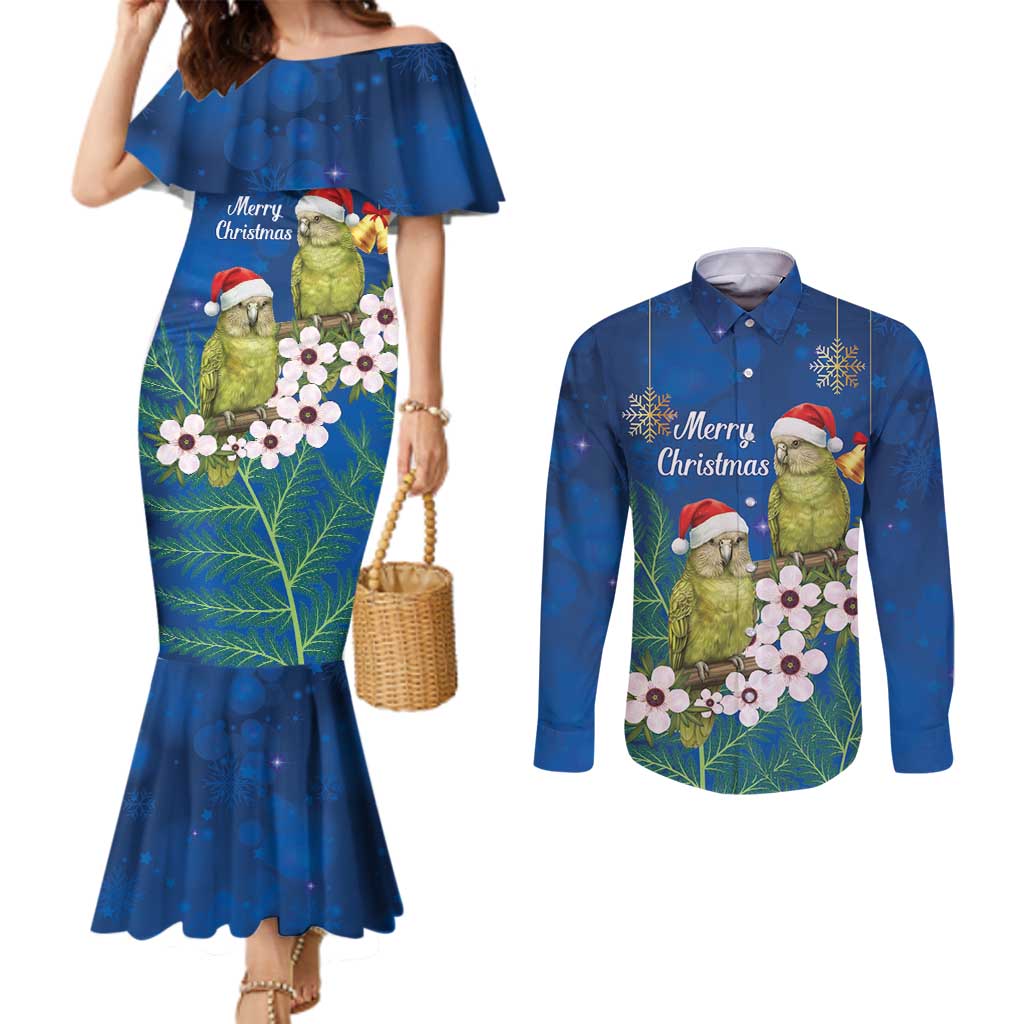 New Zealand Kakapo Christmas Couples Matching Mermaid Dress and Long Sleeve Button Shirt Owl Parrot Santa Sliver Fern Manuka - Blue - Polynesian Pride