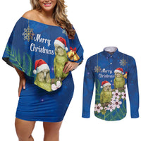 New Zealand Kakapo Christmas Couples Matching Off Shoulder Short Dress and Long Sleeve Button Shirt Owl Parrot Santa Sliver Fern Manuka - Blue - Polynesian Pride