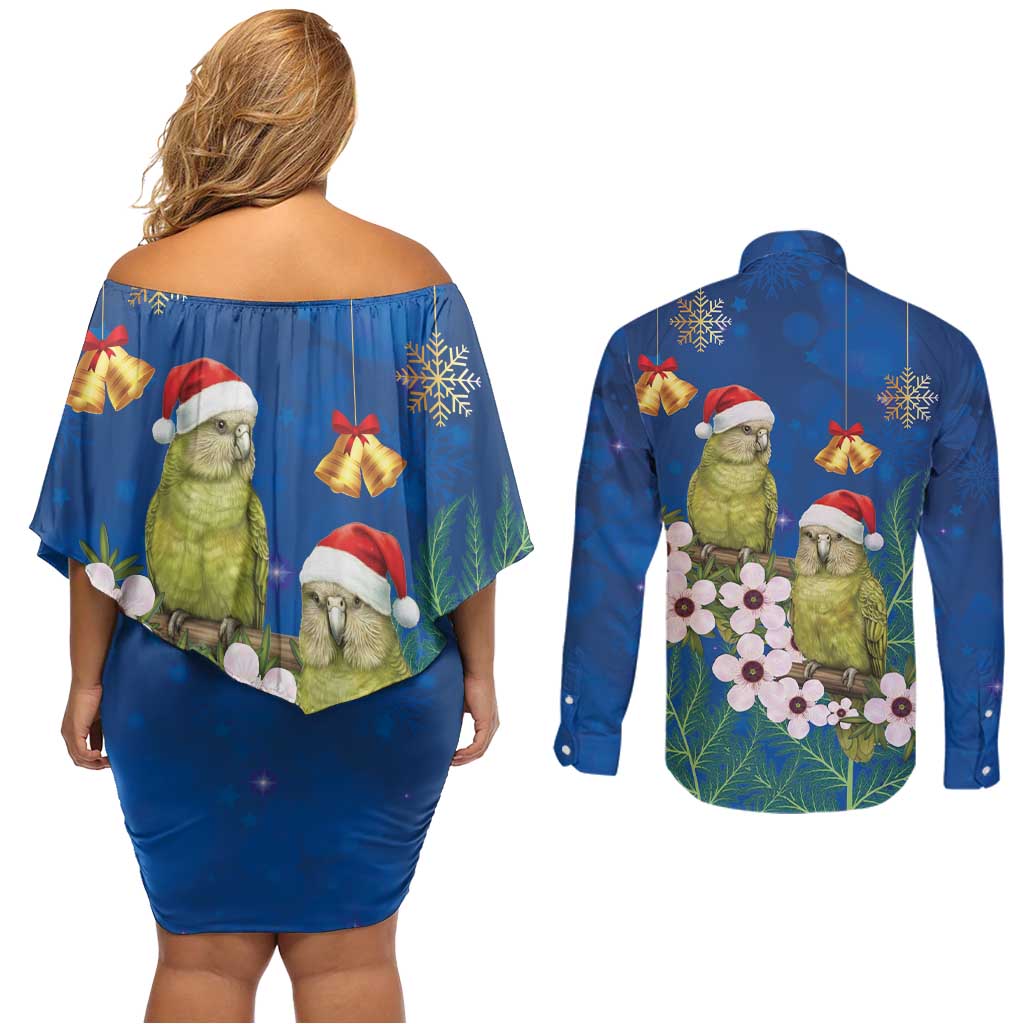 New Zealand Kakapo Christmas Couples Matching Off Shoulder Short Dress and Long Sleeve Button Shirt Owl Parrot Santa Sliver Fern Manuka - Blue - Polynesian Pride