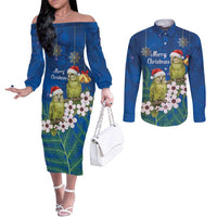 New Zealand Kakapo Christmas Couples Matching Off The Shoulder Long Sleeve Dress and Long Sleeve Button Shirt Owl Parrot Santa Sliver Fern Manuka - Blue - Polynesian Pride