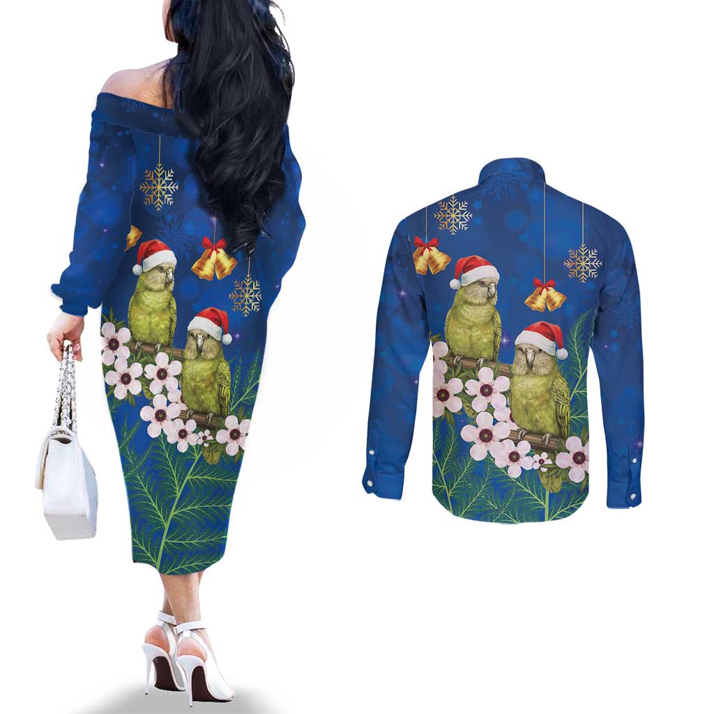 New Zealand Kakapo Christmas Couples Matching Off The Shoulder Long Sleeve Dress and Long Sleeve Button Shirt Owl Parrot Santa Sliver Fern Manuka - Blue - Polynesian Pride