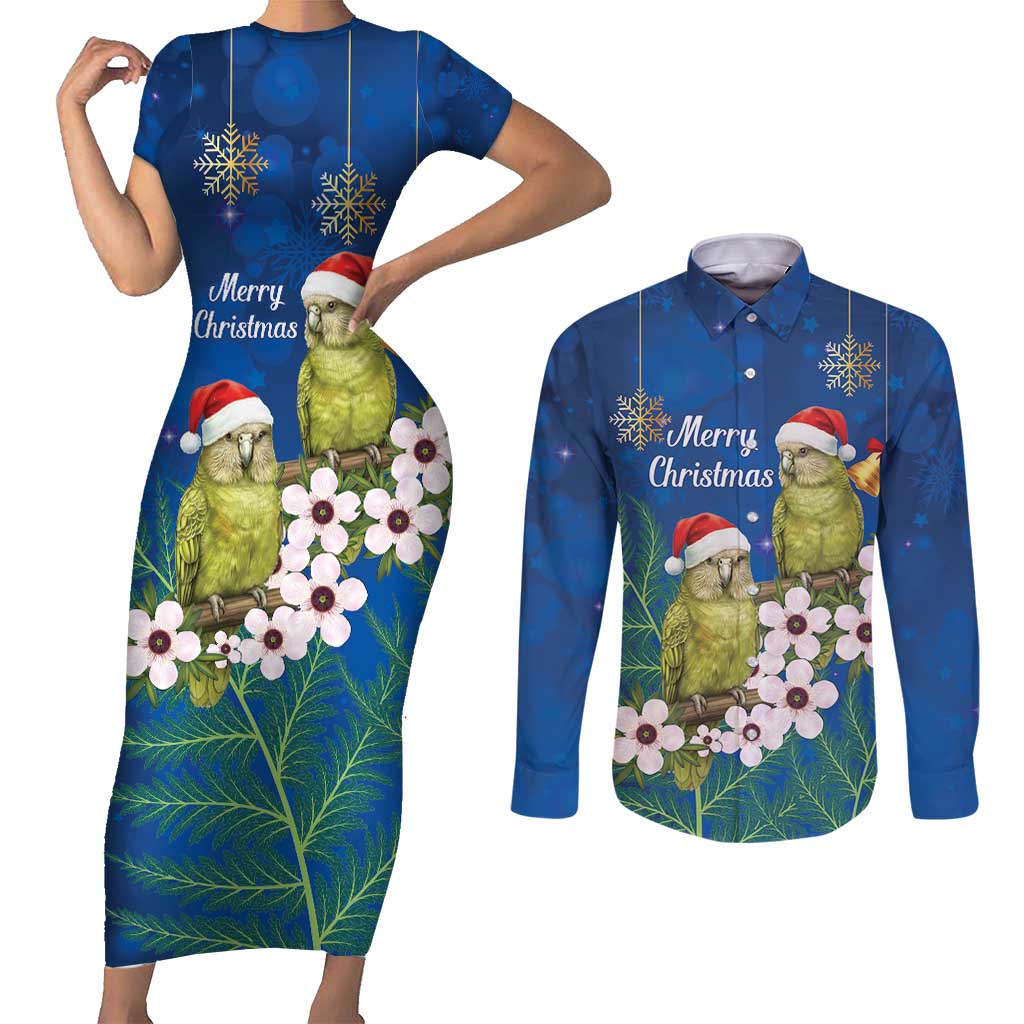 New Zealand Kakapo Christmas Couples Matching Short Sleeve Bodycon Dress and Long Sleeve Button Shirt Owl Parrot Santa Sliver Fern Manuka - Blue - Polynesian Pride