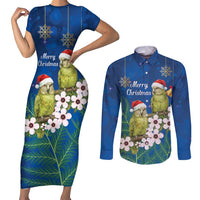 New Zealand Kakapo Christmas Couples Matching Short Sleeve Bodycon Dress and Long Sleeve Button Shirt Owl Parrot Santa Sliver Fern Manuka - Blue - Polynesian Pride