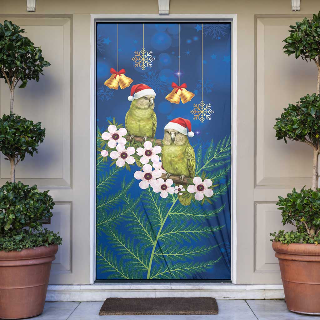 New Zealand Kakapo Christmas Door Cover Owl Parrot Santa Sliver Fern Manuka - Blue - Polynesian Pride