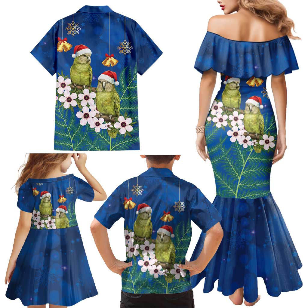 New Zealand Kakapo Christmas Family Matching Mermaid Dress and Hawaiian Shirt Owl Parrot Santa Sliver Fern Manuka - Blue - Polynesian Pride