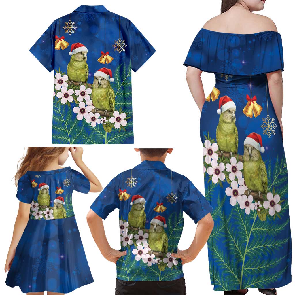 New Zealand Kakapo Christmas Family Matching Off Shoulder Maxi Dress and Hawaiian Shirt Owl Parrot Santa Sliver Fern Manuka - Blue - Polynesian Pride