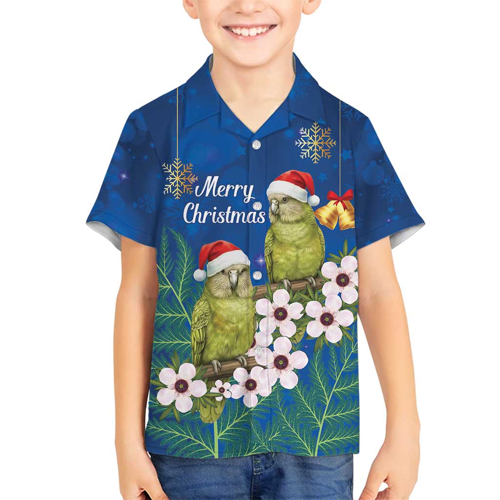 New Zealand Kakapo Christmas Family Matching Off Shoulder Maxi Dress and Hawaiian Shirt Owl Parrot Santa Sliver Fern Manuka - Blue - Polynesian Pride