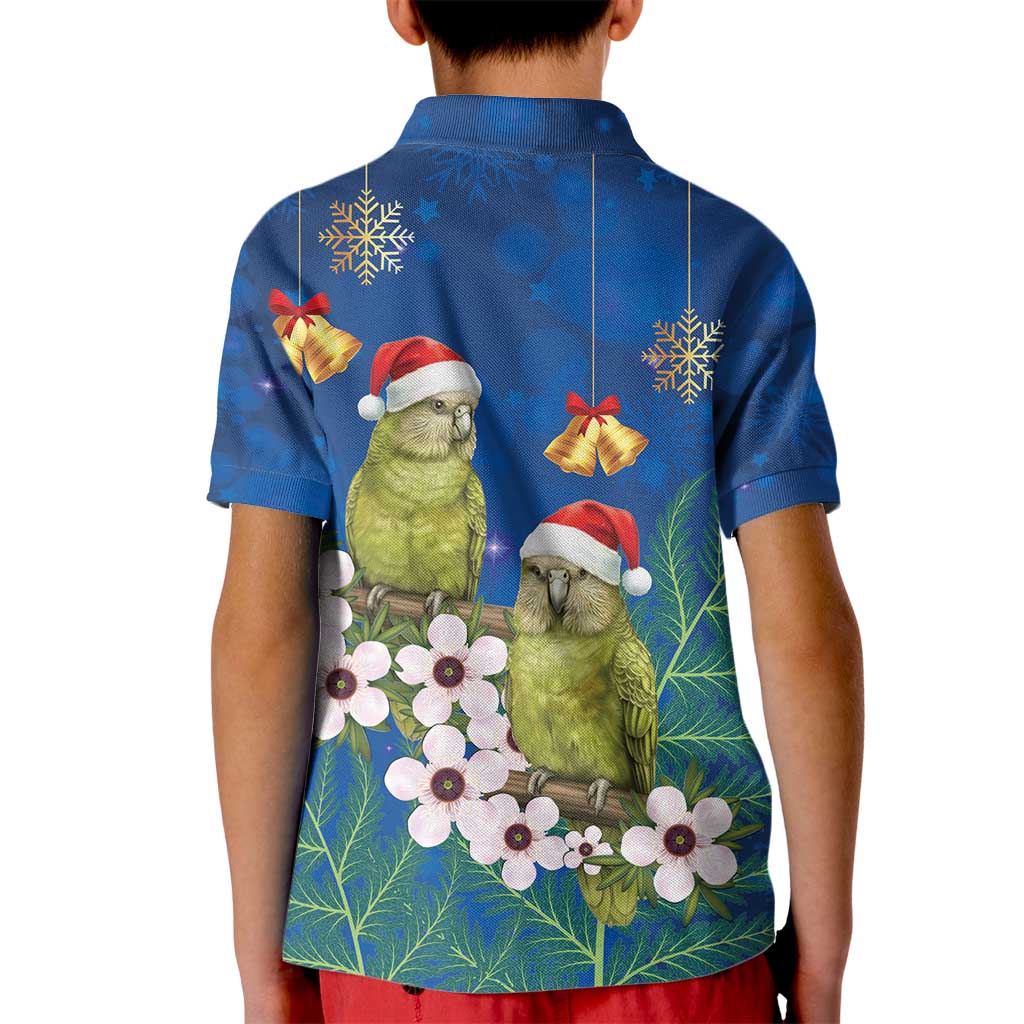 New Zealand Kakapo Christmas Kid Polo Shirt Owl Parrot Santa Sliver Fern Manuka - Blue - Polynesian Pride