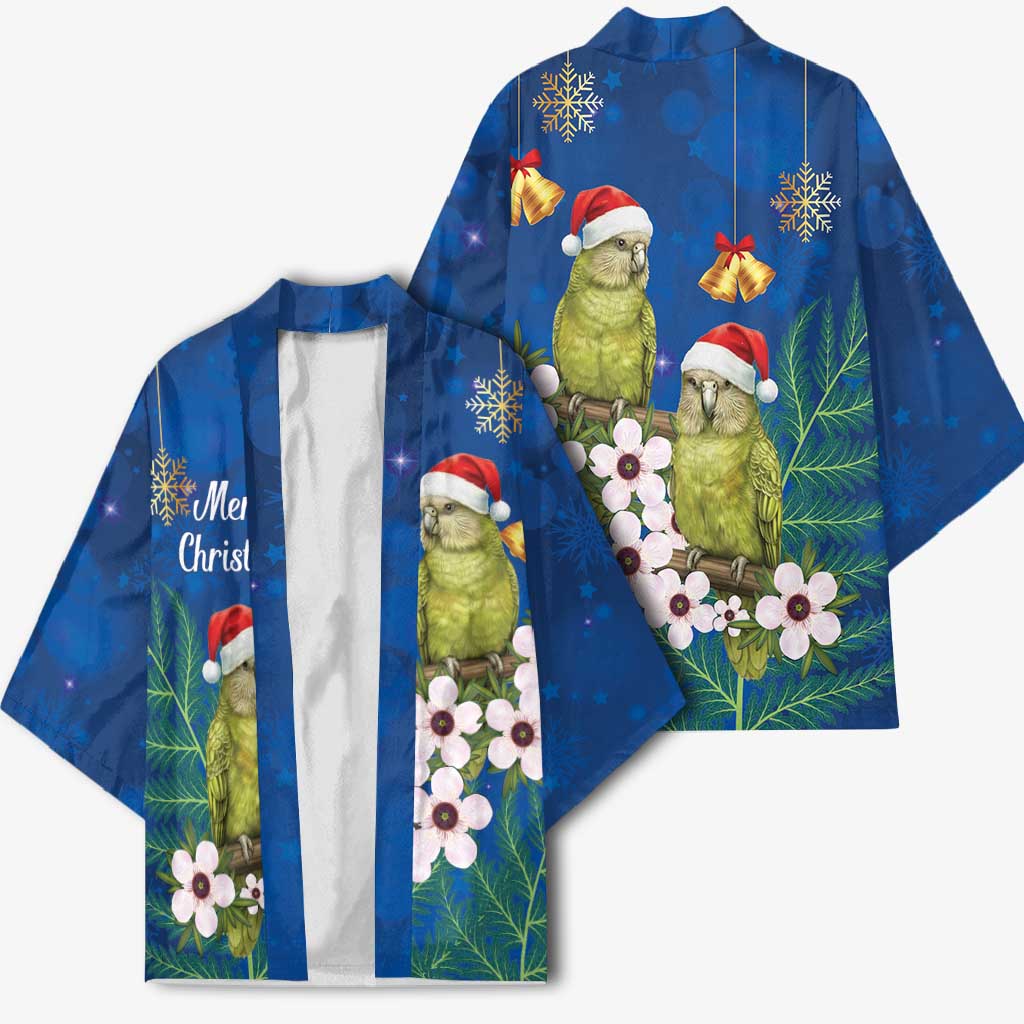 New Zealand Kakapo Christmas Kimono Owl Parrot Santa Sliver Fern Manuka - Blue - Polynesian Pride