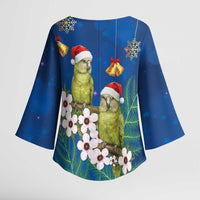 New Zealand Kakapo Christmas Kimono Sleeve Blouse Owl Parrot Santa Sliver Fern Manuka - Blue - Polynesian Pride