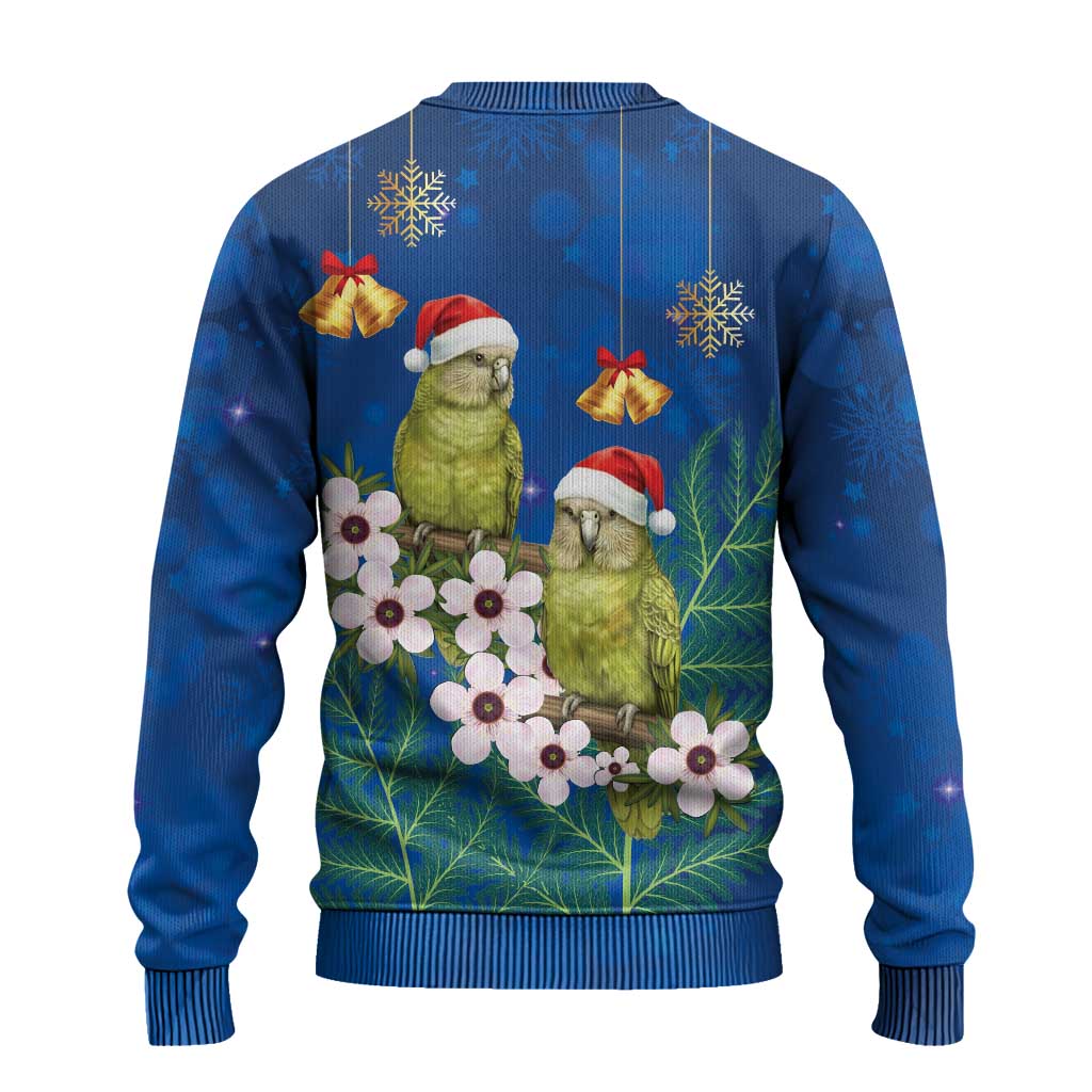 New Zealand Kakapo Christmas Ugly Christmas Sweater Owl Parrot Santa Sliver Fern Manuka - Blue - Polynesian Pride