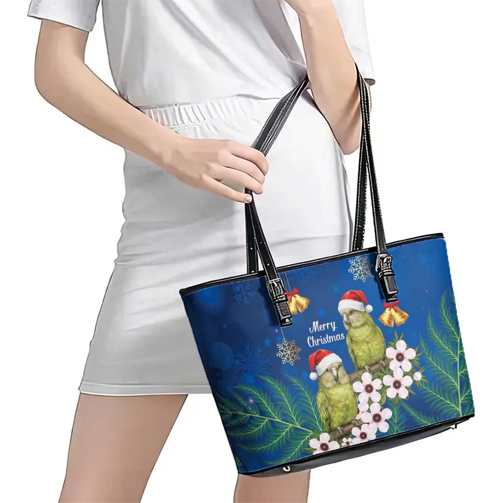 New Zealand Kakapo Christmas Leather Tote Bag Owl Parrot Santa Sliver Fern Manuka - Blue - Polynesian Pride