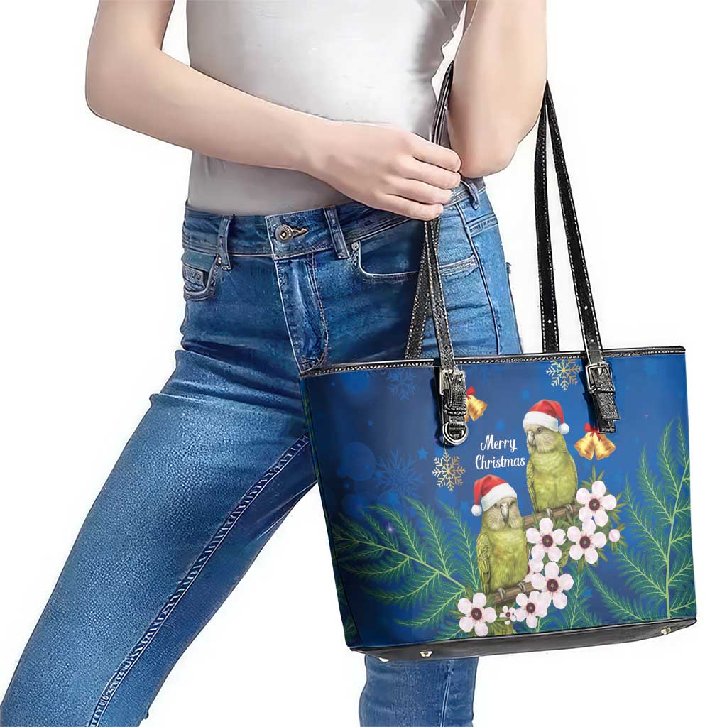 New Zealand Kakapo Christmas Leather Tote Bag Owl Parrot Santa Sliver Fern Manuka - Blue - Polynesian Pride