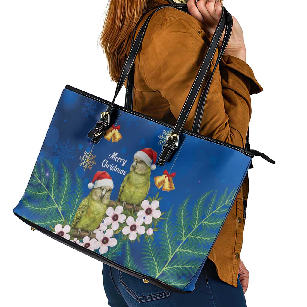 New Zealand Kakapo Christmas Leather Tote Bag Owl Parrot Santa Sliver Fern Manuka - Blue - Polynesian Pride
