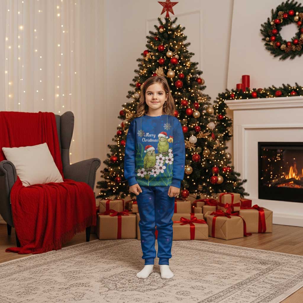 New Zealand Kakapo Christmas Pajama Set Owl Parrot Santa Sliver Fern Manuka - Blue - Polynesian Pride