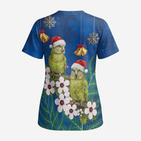 New Zealand Kakapo Christmas Scrub Top Owl Parrot Santa Sliver Fern Manuka - Blue - Polynesian Pride