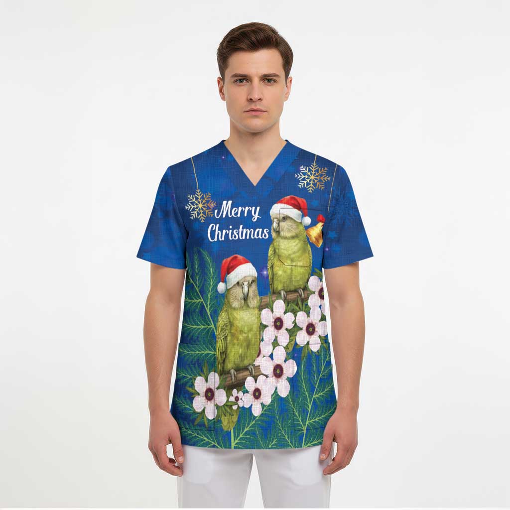 New Zealand Kakapo Christmas Scrub Top Owl Parrot Santa Sliver Fern Manuka - Blue - Polynesian Pride