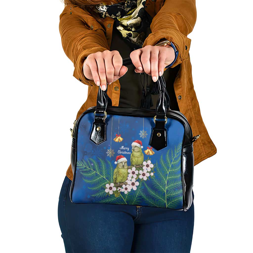 New Zealand Kakapo Christmas Shoulder Handbag Owl Parrot Santa Sliver Fern Manuka - Blue - Polynesian Pride