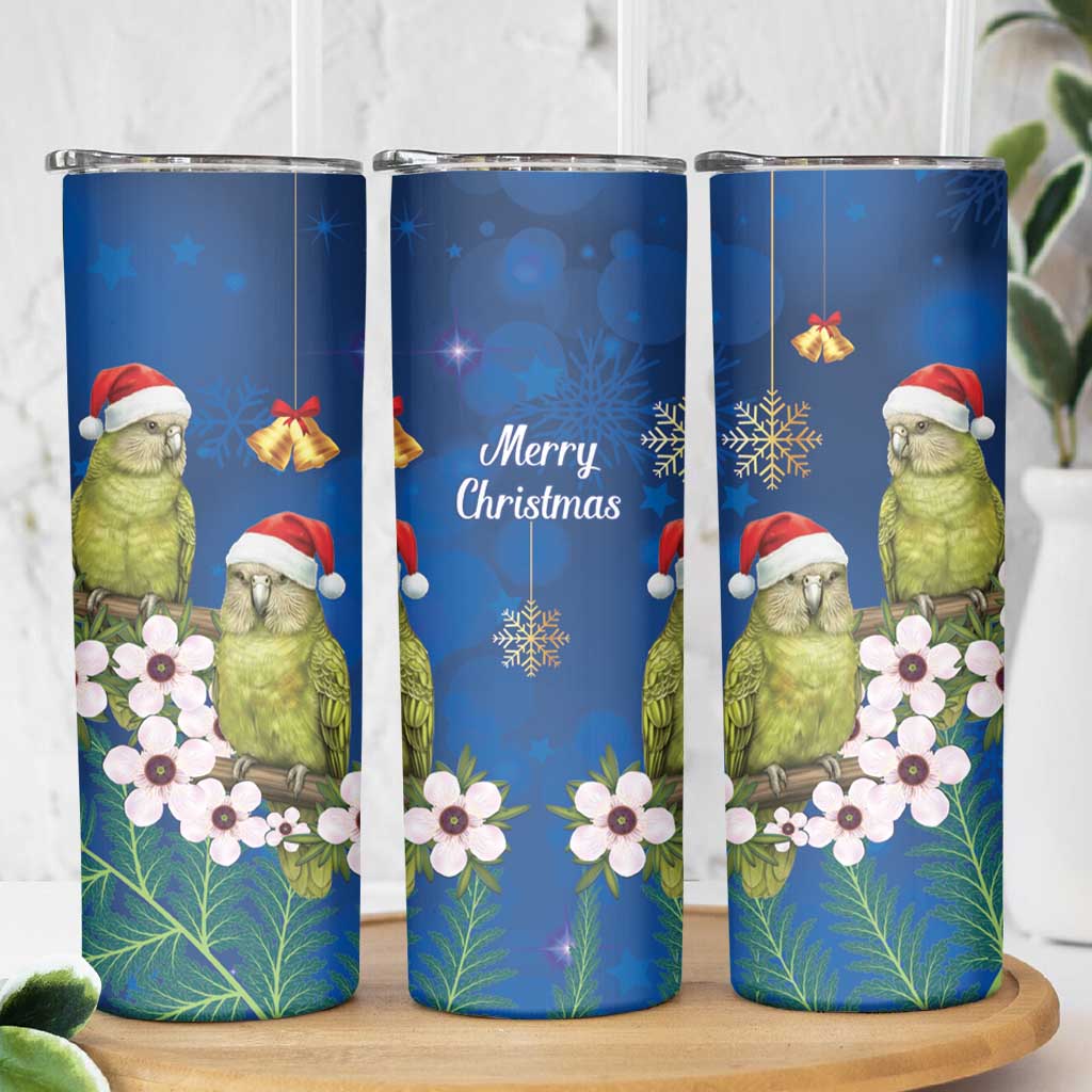 New Zealand Kakapo Christmas Skinny Tumbler Owl Parrot Santa Sliver Fern Manuka - Blue - Polynesian Pride