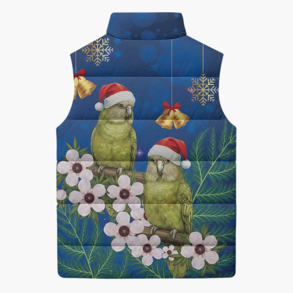 New Zealand Kakapo Christmas Sleeveless Puffer Jacket Owl Parrot Santa Sliver Fern Manuka - Blue - Polynesian Pride