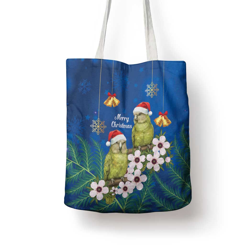 New Zealand Kakapo Christmas Tote Bag Owl Parrot Santa Sliver Fern Manuka - Blue - Polynesian Pride
